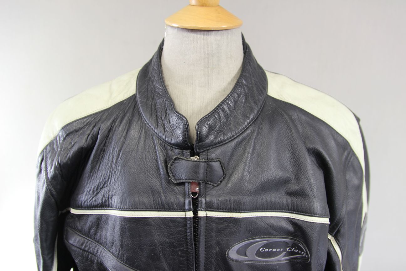 CORNER CLASSIC BLACK & IVORY LEATHER BIKER JACKET 46 INCH CHEST/XL