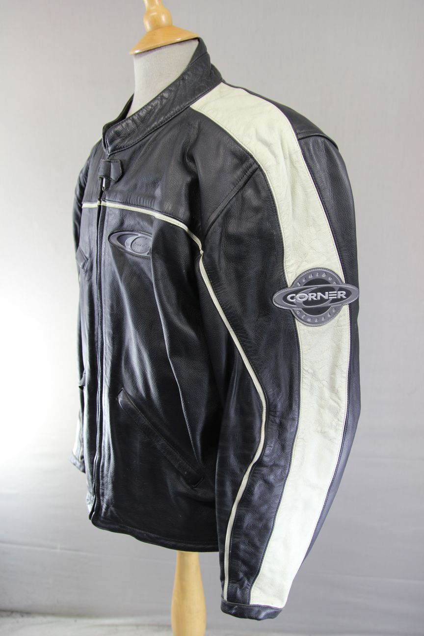 CORNER CLASSIC BLACK & IVORY LEATHER BIKER JACKET 46 INCH CHEST/XL
