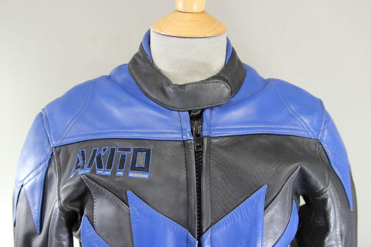 AKITO BLACK, BLUE & SILVER LEATHER BIKER JACKET WITH PROTECTORS: SIZE 12
