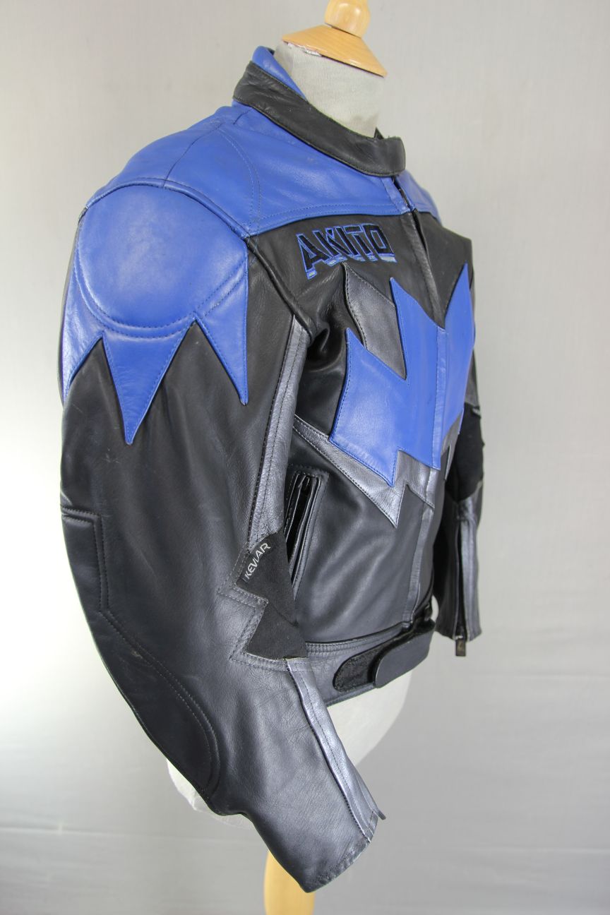 AKITO BLACK, BLUE & SILVER LEATHER BIKER JACKET WITH PROTECTORS: SIZE 12