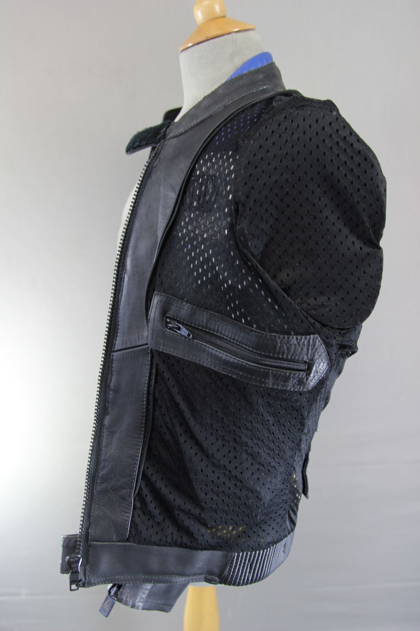 AKITO BLACK, BLUE & SILVER LEATHER BIKER JACKET WITH PROTECTORS: SIZE 12