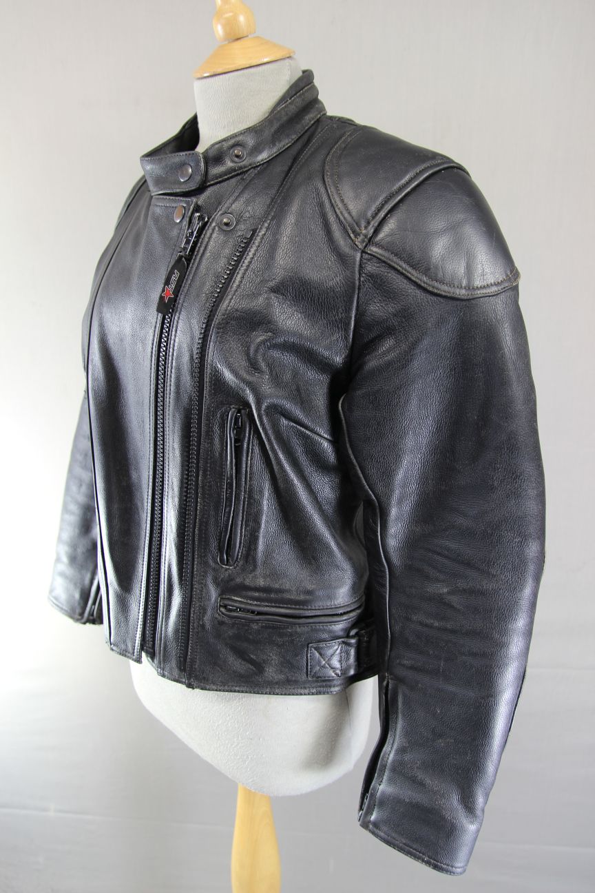 RST BRITISH DESIGNED BLACK COWHIDE LEATHER BIKER JACKET + BACK PROTECTOR SIZE 12