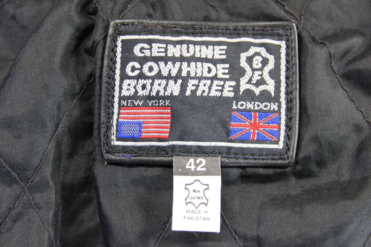 CLASSIC 'BORN FREE' BLACK COWHIDE LEATHER BIKER JACKET 38-40 INCH CHEST
