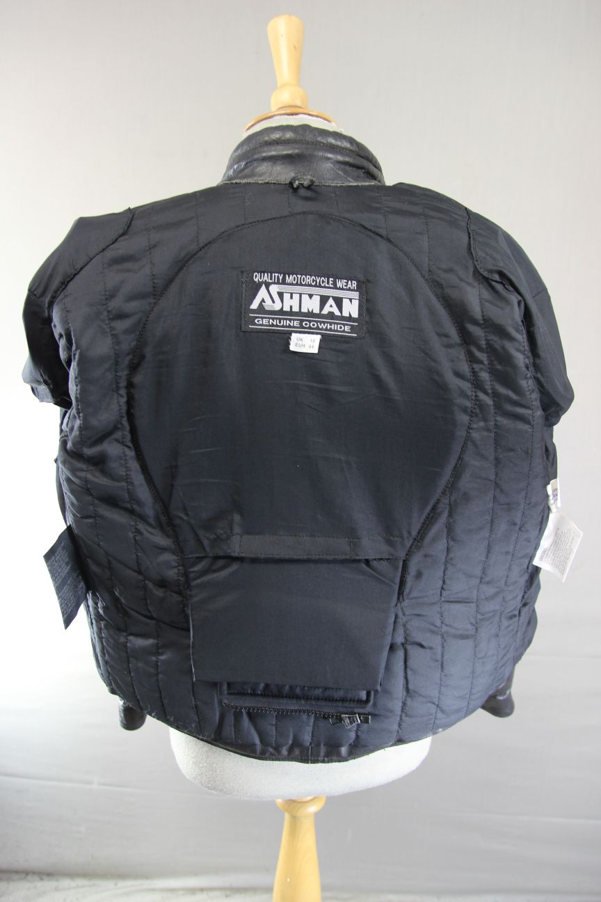 ASHMAN BLACK COWHIDE LEATHER BIKER JACKET + BACK & SHOULDER PROTECTORS: SIZE 18