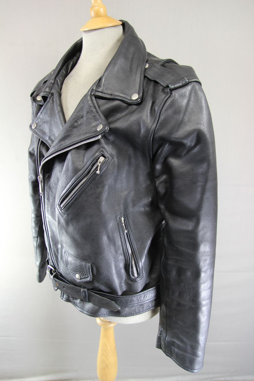VINTAGE 1970's/1980's PUNK ROCK SKIN COWHIDE LEATHER BLACK BIKER JACKET 44-46 IN