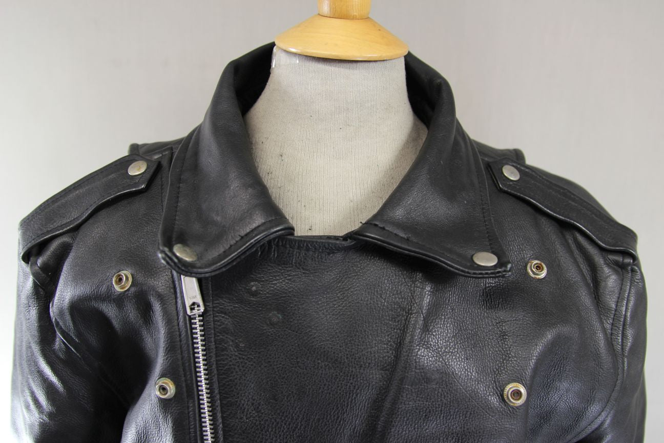 VINTAGE 1970's/1980's PUNK ROCK SKIN COWHIDE LEATHER BLACK BIKER JACKET 44-46 IN