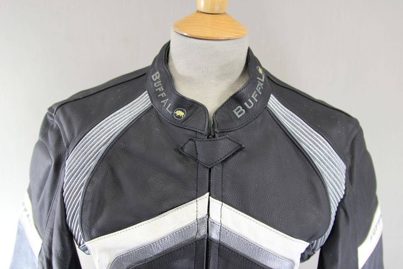 BUFFALO BLACK & SILVER LEATHER BIKER JACKET WITH REMOVABLE CE ARMOUR: SIZE 14