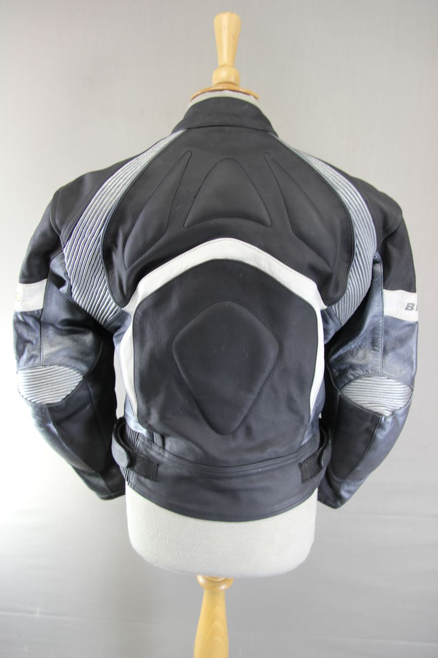 BUFFALO BLACK & SILVER LEATHER BIKER JACKET WITH REMOVABLE CE ARMOUR: SIZE 14