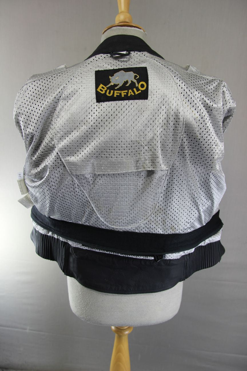 BUFFALO BLACK & SILVER LEATHER BIKER JACKET WITH REMOVABLE CE ARMOUR: SIZE 14