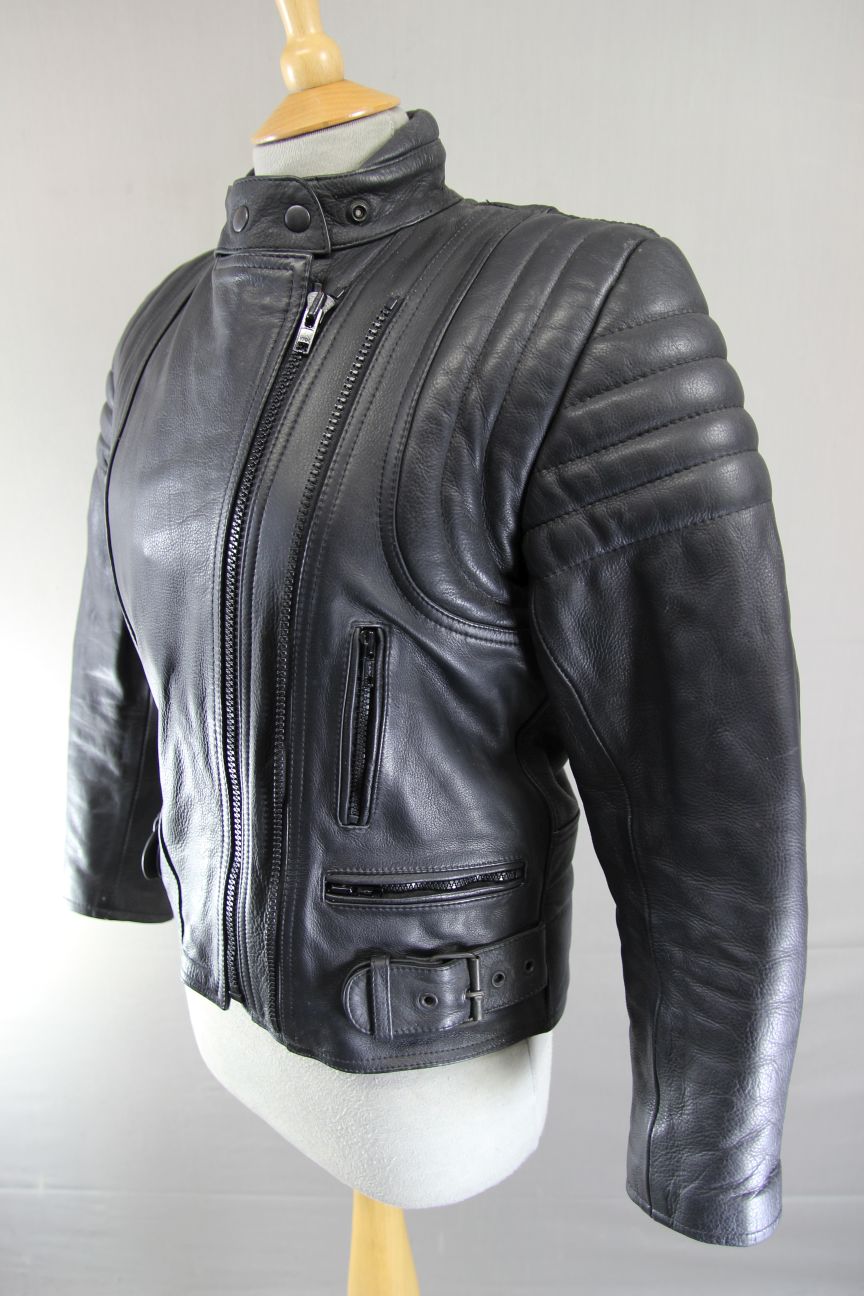 JTS LADIES BLACK LEATHER BIKER JACKET WITH BACK PROTECTOR SIZE XS 32-34 IN CHEST