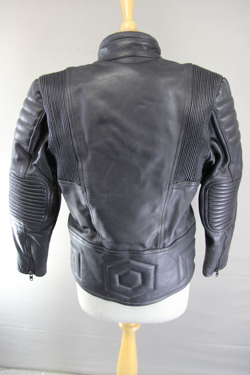 JTS LADIES BLACK LEATHER BIKER JACKET WITH BACK PROTECTOR SIZE XS 32-34 IN CHEST