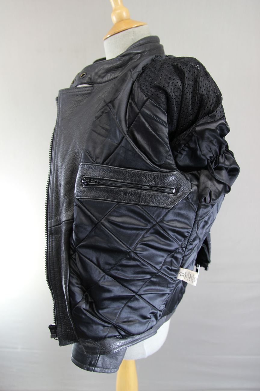JTS LADIES BLACK LEATHER BIKER JACKET WITH BACK PROTECTOR SIZE XS 32-34 IN CHEST