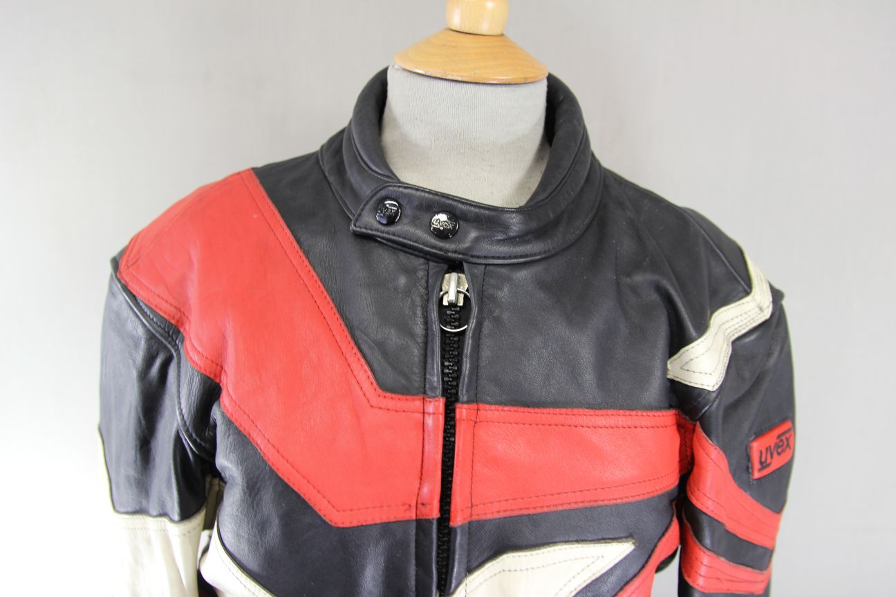 VINTAGE 80'S BLACK, RED & CREAM UVEX SPORTSTYLE LEATHER BIKER JACKET 40-42 INCH