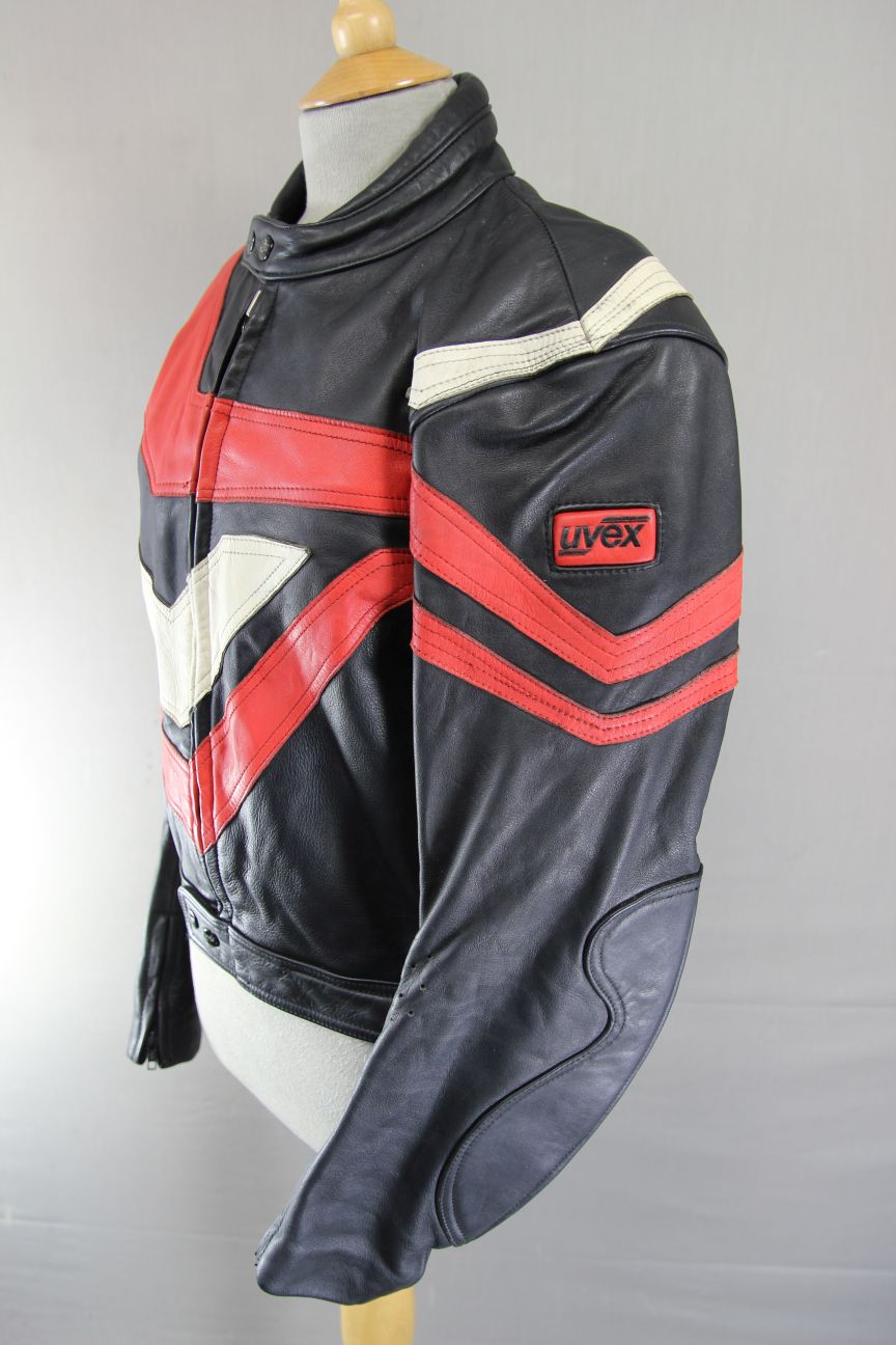 VINTAGE 80'S BLACK, RED & CREAM UVEX SPORTSTYLE LEATHER BIKER JACKET 40-42 INCH