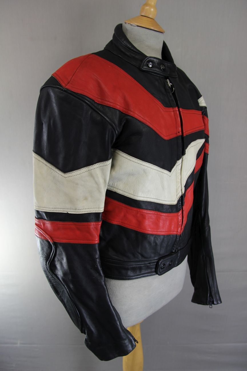 VINTAGE 80'S BLACK, RED & CREAM UVEX SPORTSTYLE LEATHER BIKER JACKET 40-42 INCH