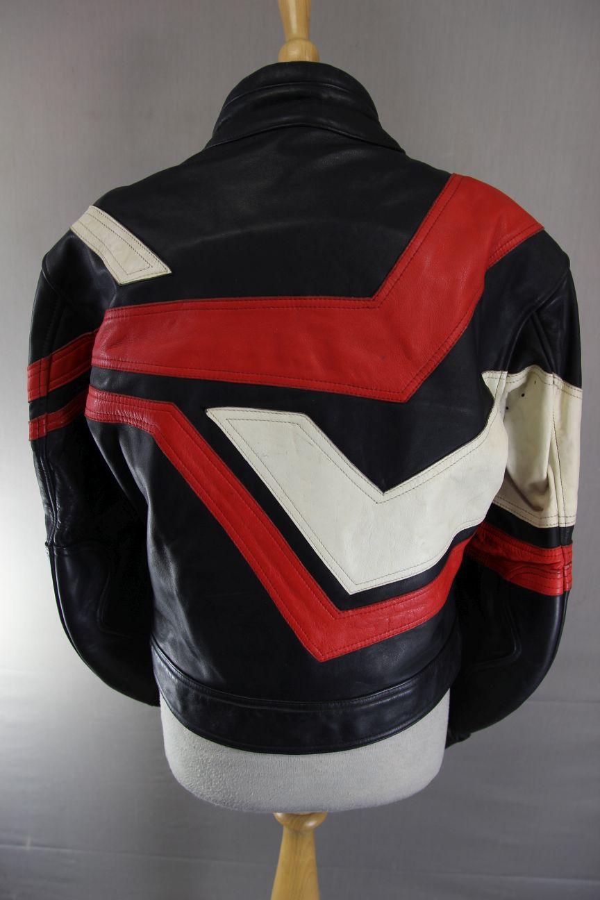 VINTAGE 80'S BLACK, RED & CREAM UVEX SPORTSTYLE LEATHER BIKER JACKET 40-42 INCH