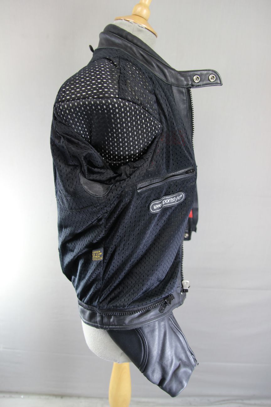 VINTAGE 80'S BLACK, RED & CREAM UVEX SPORTSTYLE LEATHER BIKER JACKET 40-42 INCH