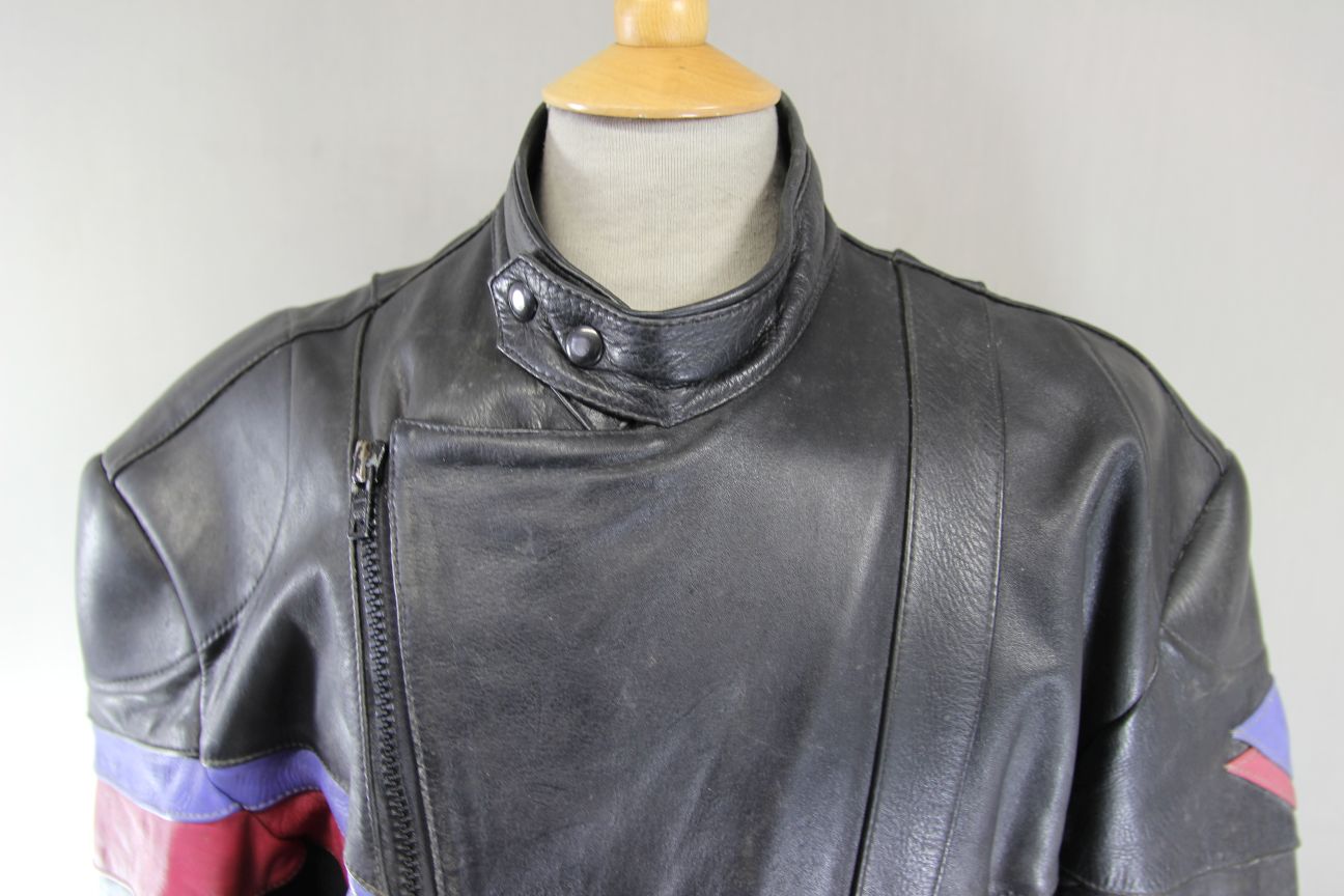 SCHUH VINTAGE 80'S BLACK, LILAC & PINK LEATHER BIKER JACKET 44 INCH CHEST