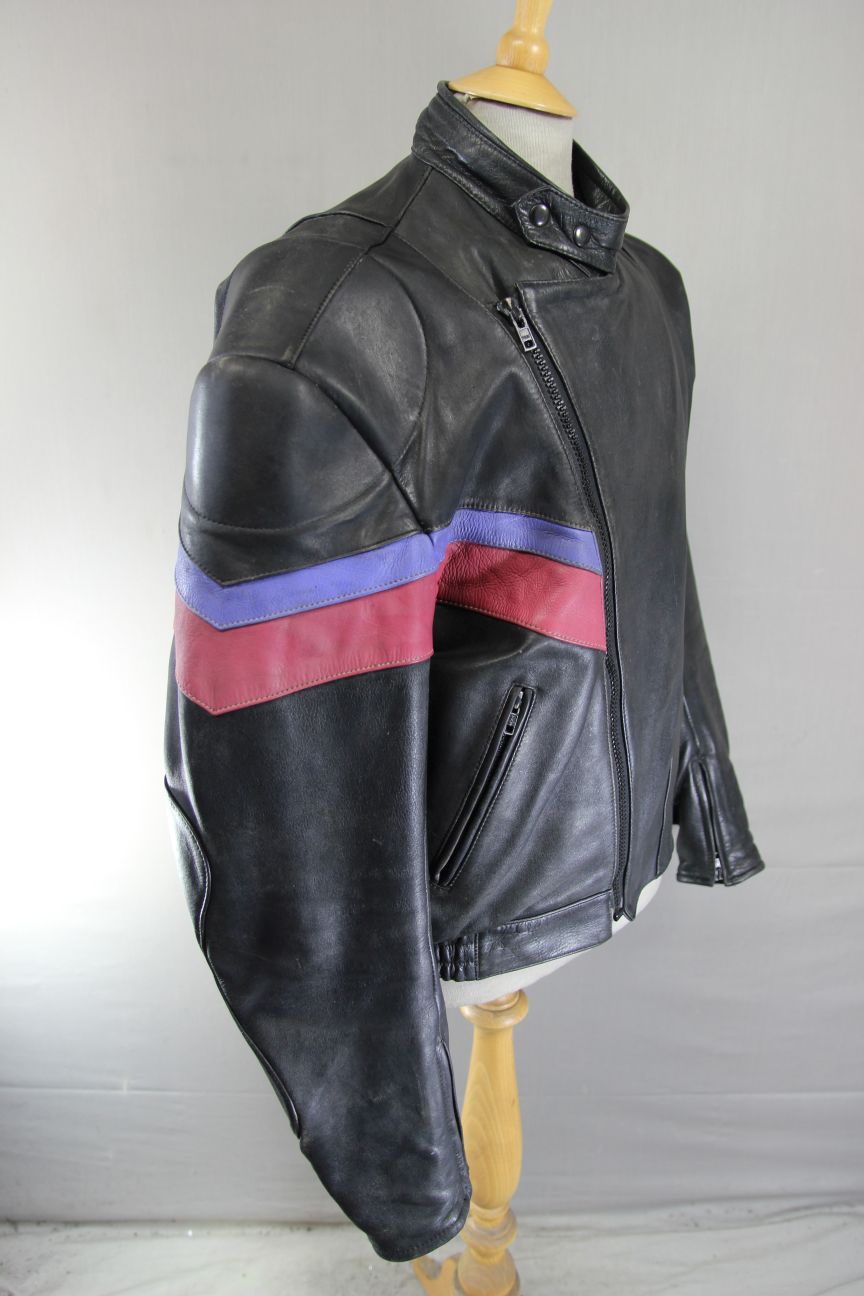 SCHUH VINTAGE 80'S BLACK, LILAC & PINK LEATHER BIKER JACKET 44 INCH CHEST