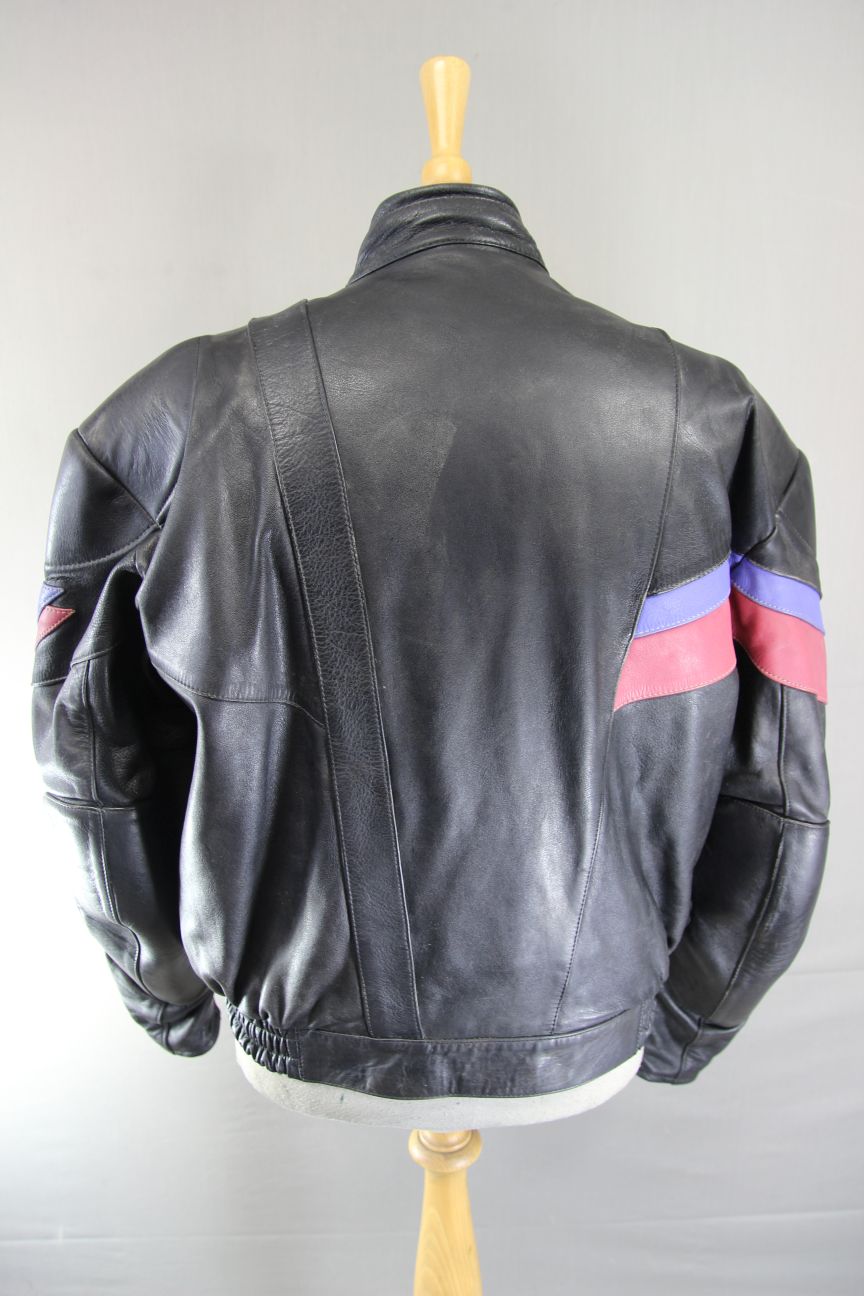 SCHUH VINTAGE 80'S BLACK, LILAC & PINK LEATHER BIKER JACKET 44 INCH CHEST
