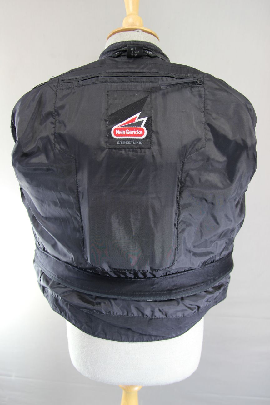 HEIN GERICKE BLACK LEATHER BIKER JKT + BACK, SHOULDER & ELBOW CE ARMOUR: SIZE 10