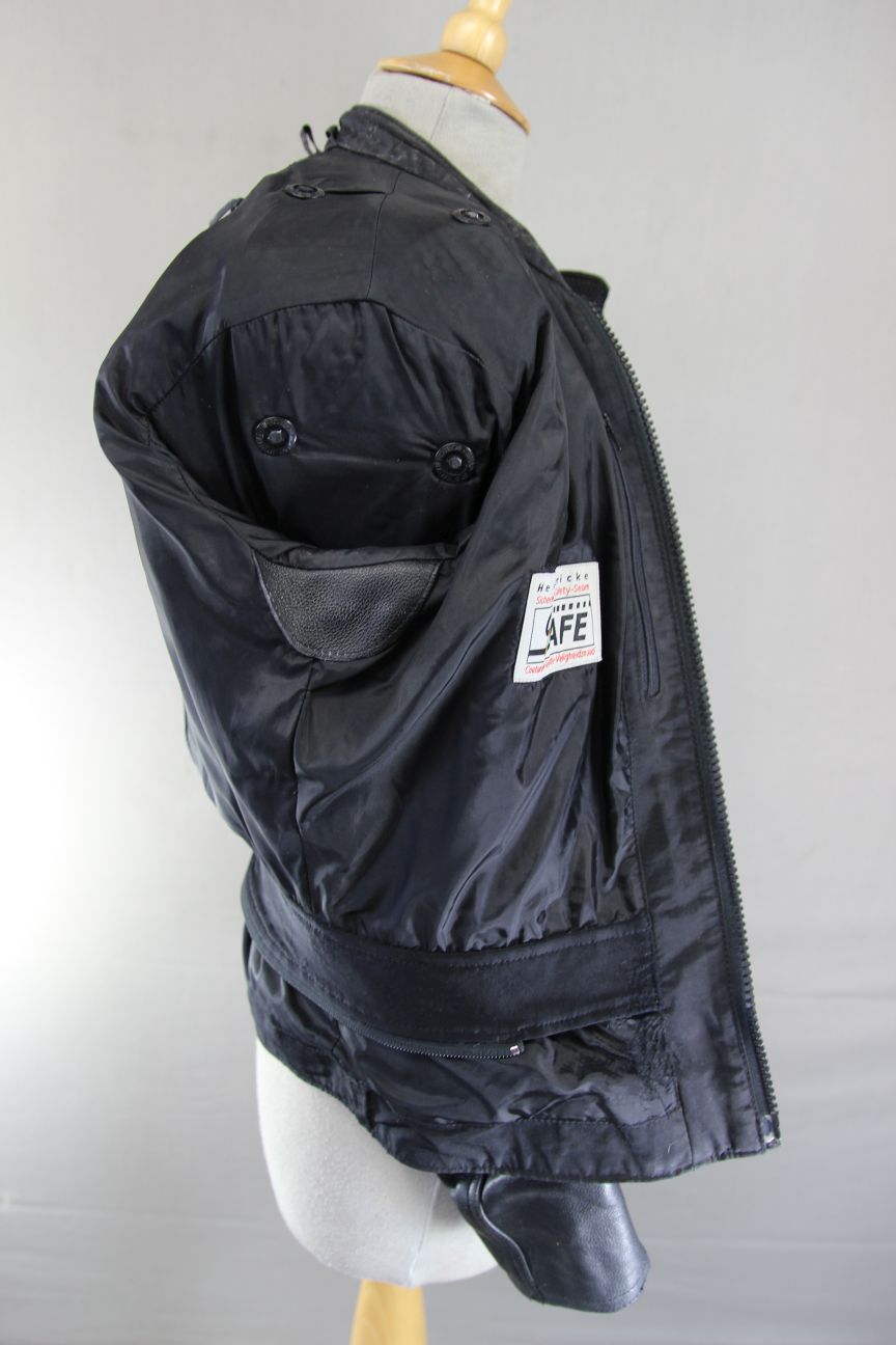 HEIN GERICKE BLACK LEATHER BIKER JKT + BACK, SHOULDER & ELBOW CE ARMOUR: SIZE 10
