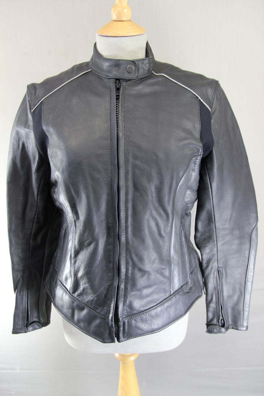 SKINTAN BLACK & SILVER COWHIDE LEATHER BIKER JACKET WITH THERMAL LINING: SIZE 14