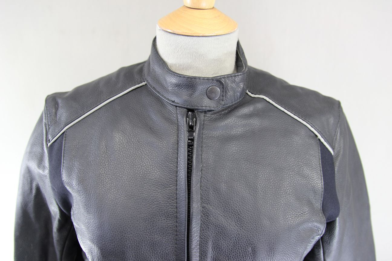 SKINTAN BLACK & SILVER COWHIDE LEATHER BIKER JACKET WITH THERMAL LINING: SIZE 14