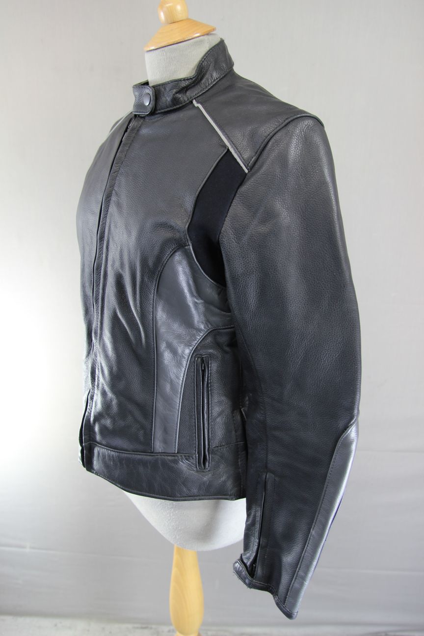 SKINTAN BLACK & SILVER COWHIDE LEATHER BIKER JACKET WITH THERMAL LINING: SIZE 14
