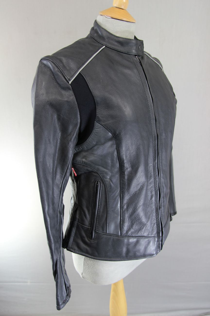 SKINTAN BLACK & SILVER COWHIDE LEATHER BIKER JACKET WITH THERMAL LINING: SIZE 14