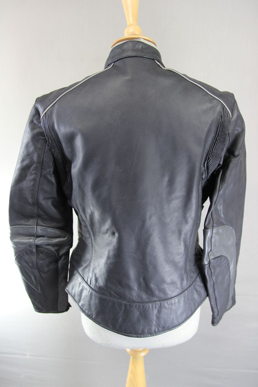 SKINTAN BLACK & SILVER COWHIDE LEATHER BIKER JACKET WITH THERMAL LINING: SIZE 14