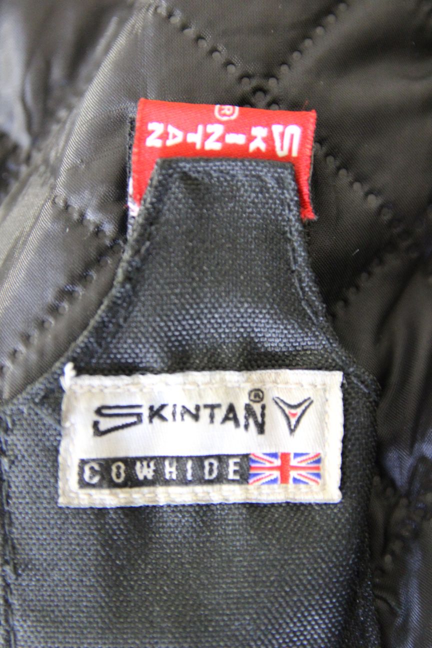 SKINTAN BLACK & SILVER COWHIDE LEATHER BIKER JACKET WITH THERMAL LINING: SIZE 14