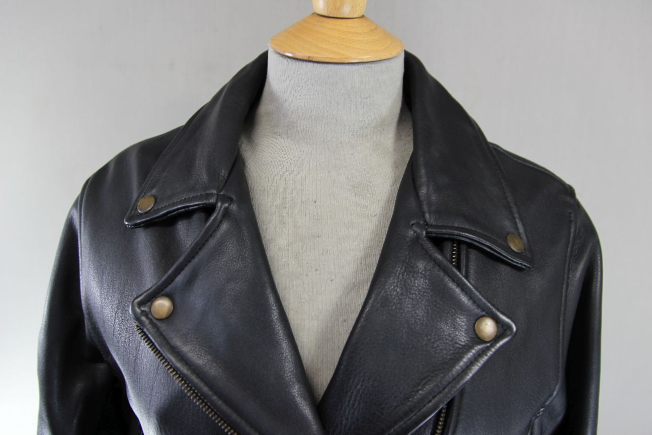JTS VINTAGE 1970'S STYLE PUNK ROCK BLACK LEATHER RETRO BIKER JACKET 38 IN/LARGE