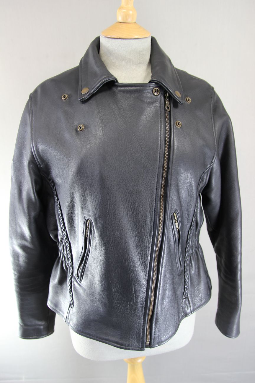 JTS VINTAGE 1970'S STYLE PUNK ROCK BLACK LEATHER RETRO BIKER JACKET 38 IN/LARGE
