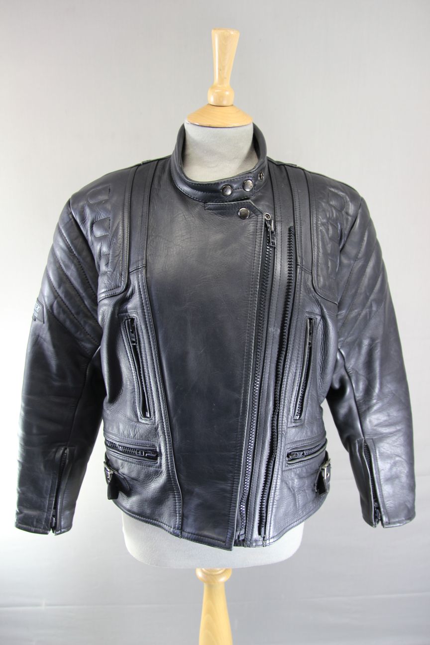 CLASSIC SPORTEX APOLLO BLACK LEATHER BIKER JACKET WITH BACK PROTECTOR: SIZE 16