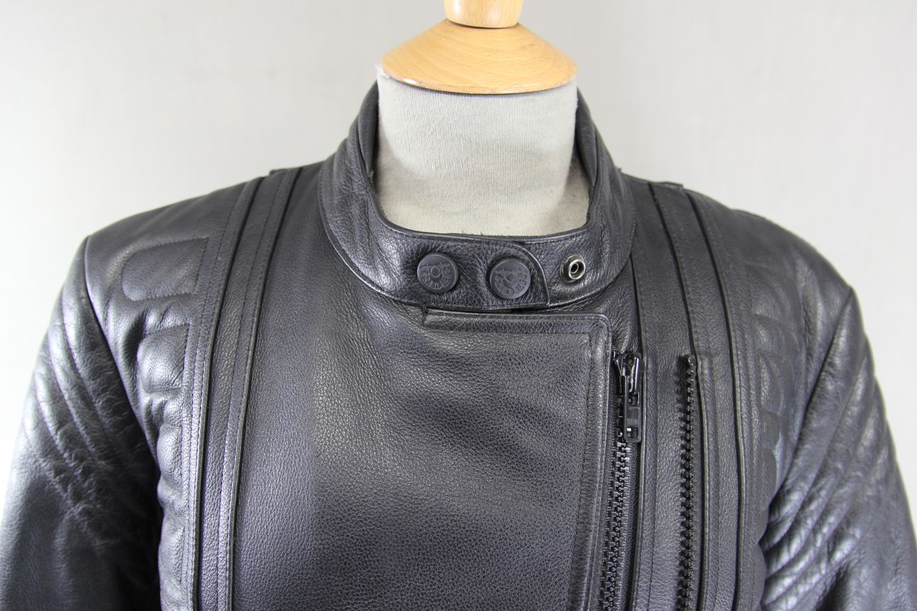 RIDER BLACK LEATHER BIKER JACKET WITH BACK PAD: SIZE 12/34-36"/EUROPEAN SIZE 38