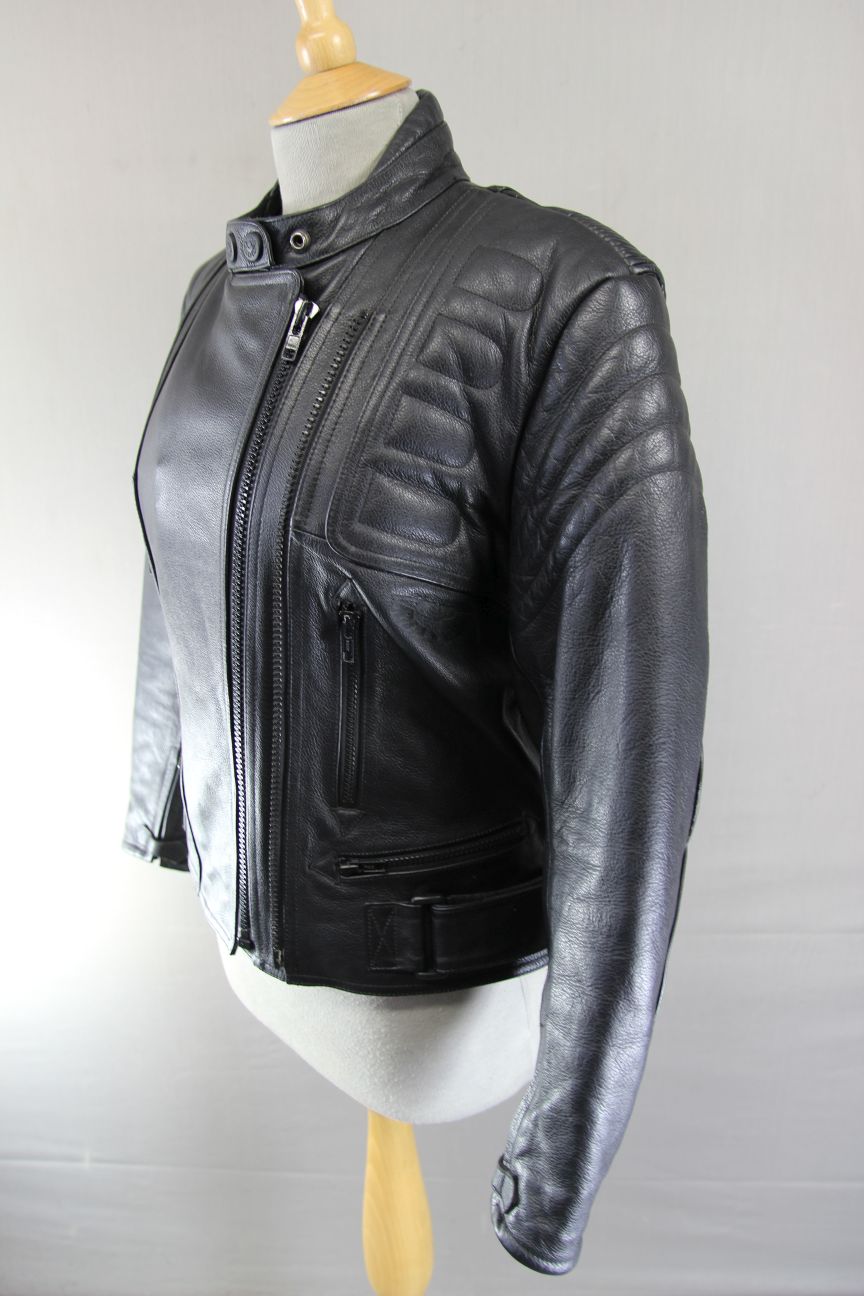 RIDER BLACK LEATHER BIKER JACKET WITH BACK PAD: SIZE 12/34-36"/EUROPEAN SIZE 38