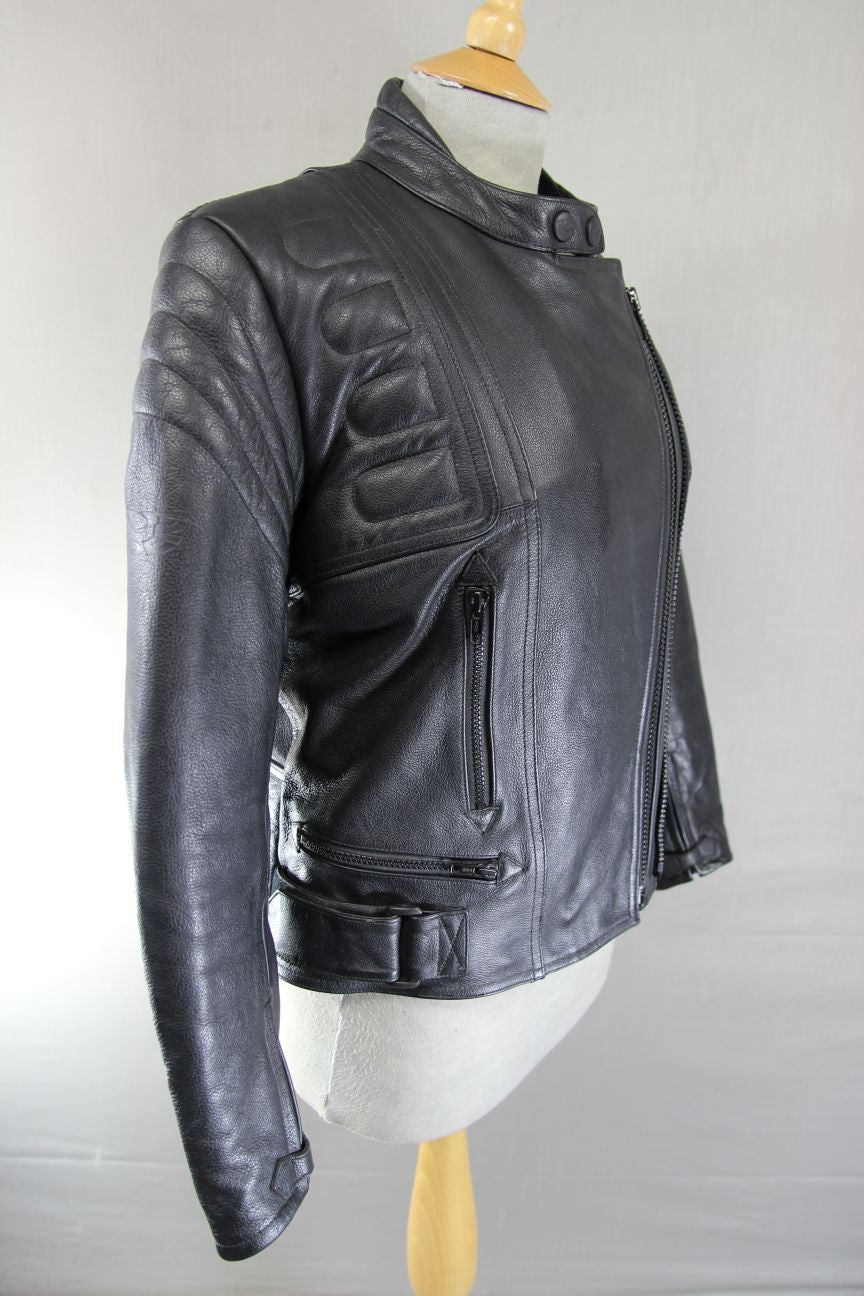 RIDER BLACK LEATHER BIKER JACKET WITH BACK PAD: SIZE 12/34-36"/EUROPEAN SIZE 38