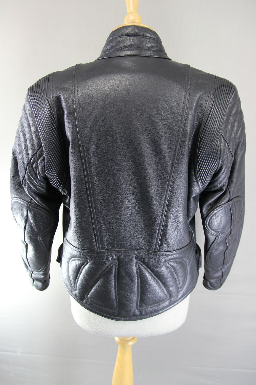 RIDER BLACK LEATHER BIKER JACKET WITH BACK PAD: SIZE 12/34-36"/EUROPEAN SIZE 38