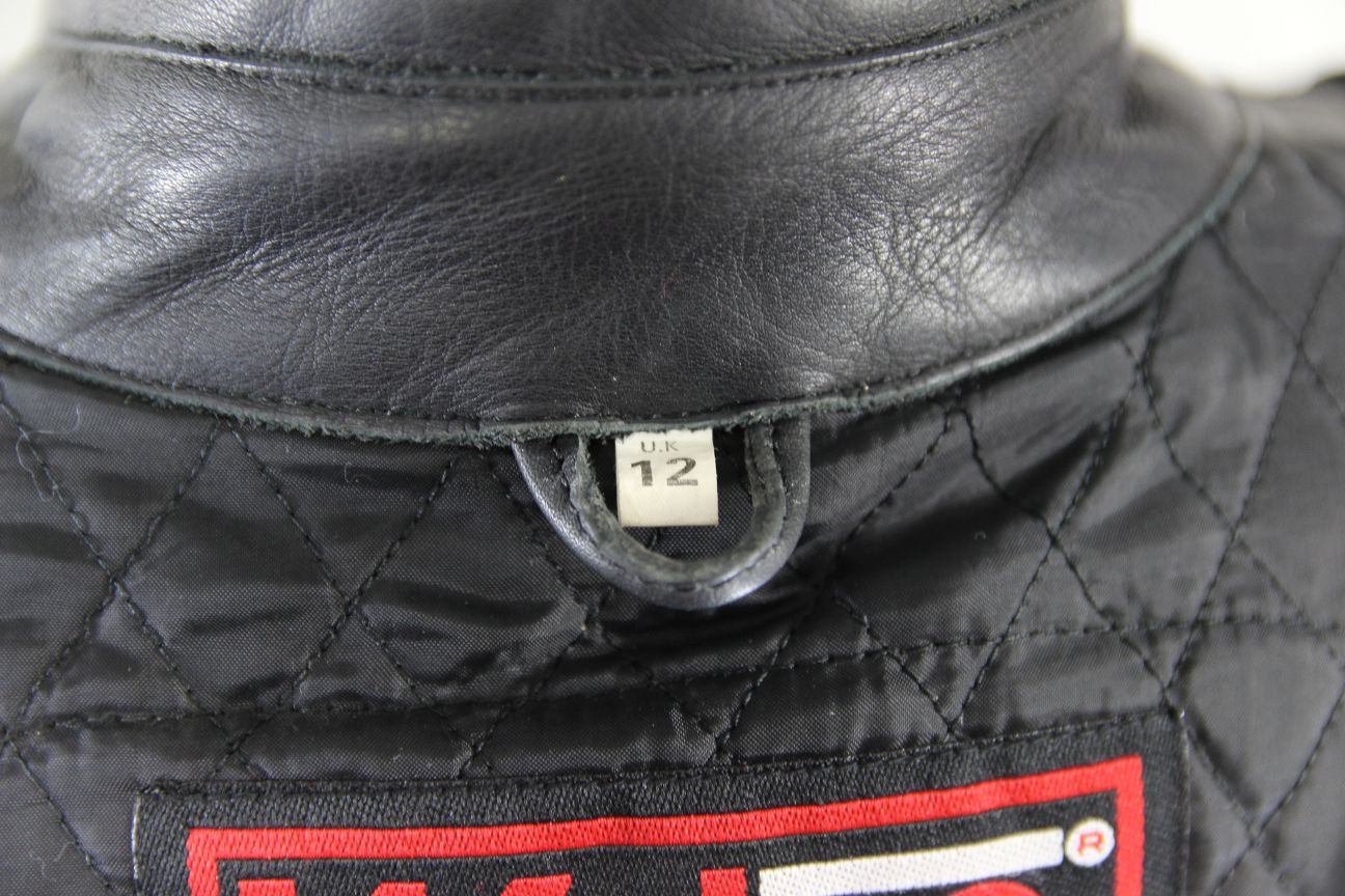 WEISE CLASSIC BLACK LEATHER BIKER JACKET WITH REMOVABLE BACK PROTECTOR: SIZE 12