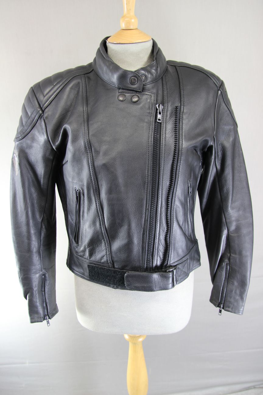 FRANK THOMAS BLACK LEATHER BIKER JACKET WITH REMOVABLE PROTECTORS SIZE 12/34-36"