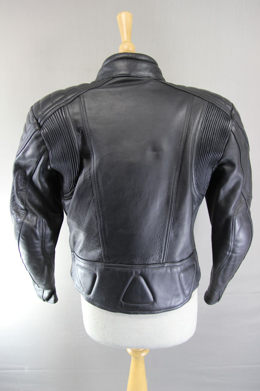 FRANK THOMAS BLACK LEATHER BIKER JACKET WITH REMOVABLE PROTECTORS SIZE 12/34-36"