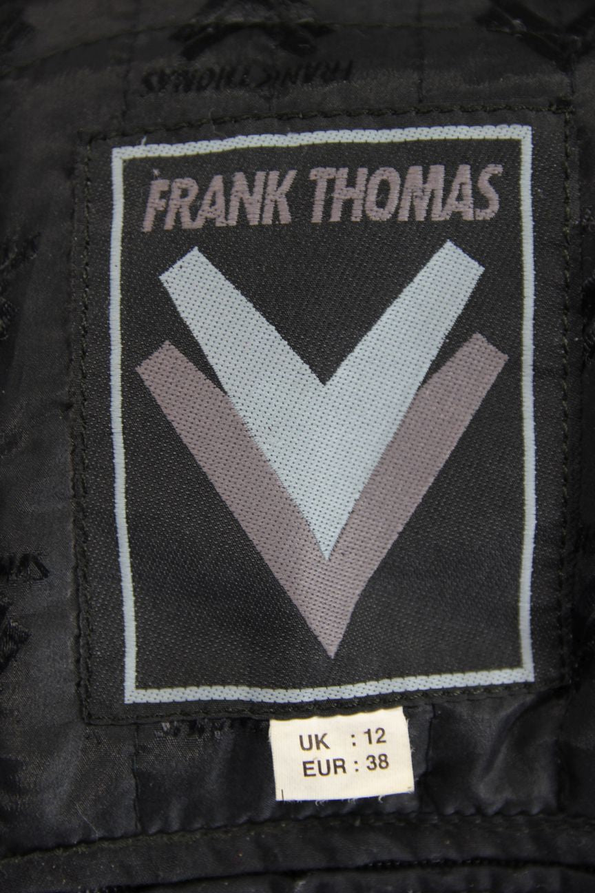 FRANK THOMAS BLACK LEATHER BIKER JACKET WITH REMOVABLE PROTECTORS SIZE 12/34-36"