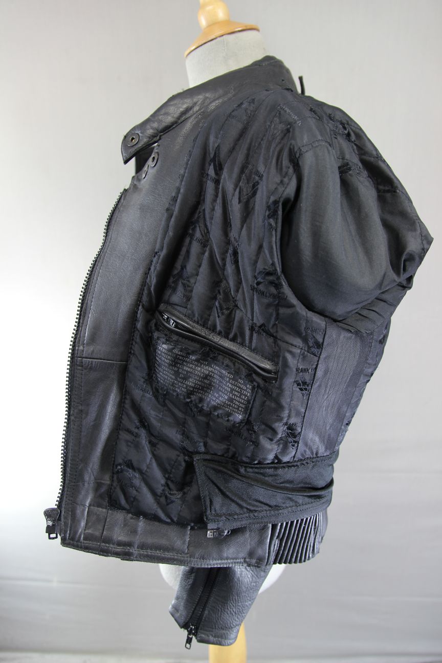 FRANK THOMAS BLACK LEATHER BIKER JACKET WITH REMOVABLE PROTECTORS SIZE 12/34-36"