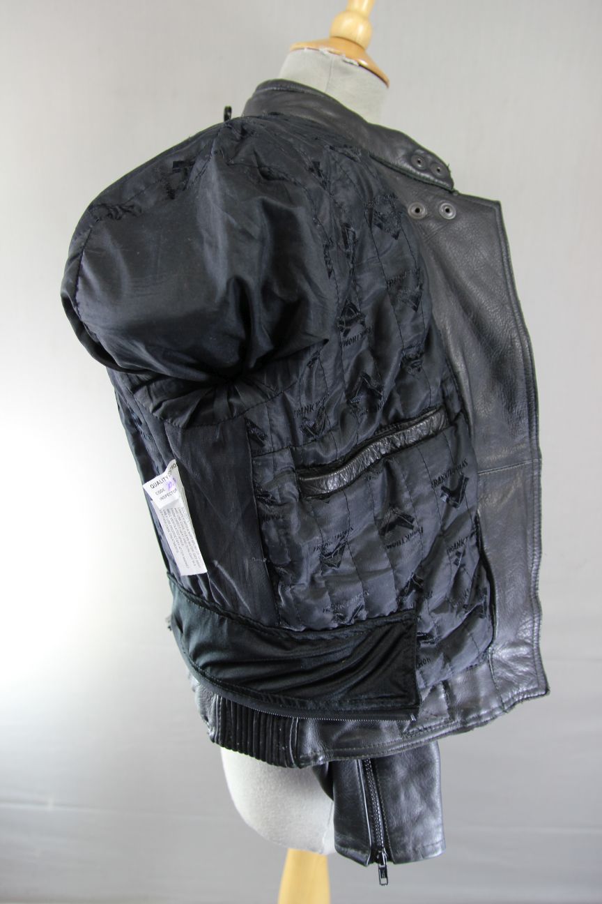 FRANK THOMAS BLACK LEATHER BIKER JACKET WITH REMOVABLE PROTECTORS SIZE 12/34-36"