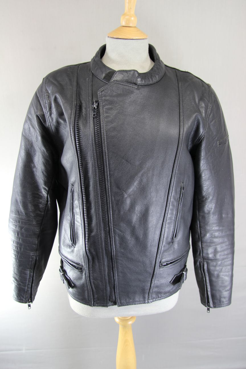 CLASSIC FRANK THOMAS BLACK LEATHER BIKER JACKET WITH BACK PROTECTOR 40 INCH