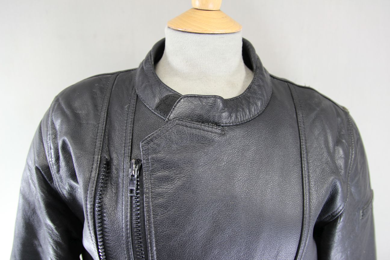 CLASSIC FRANK THOMAS BLACK LEATHER BIKER JACKET WITH BACK PROTECTOR 40 INCH