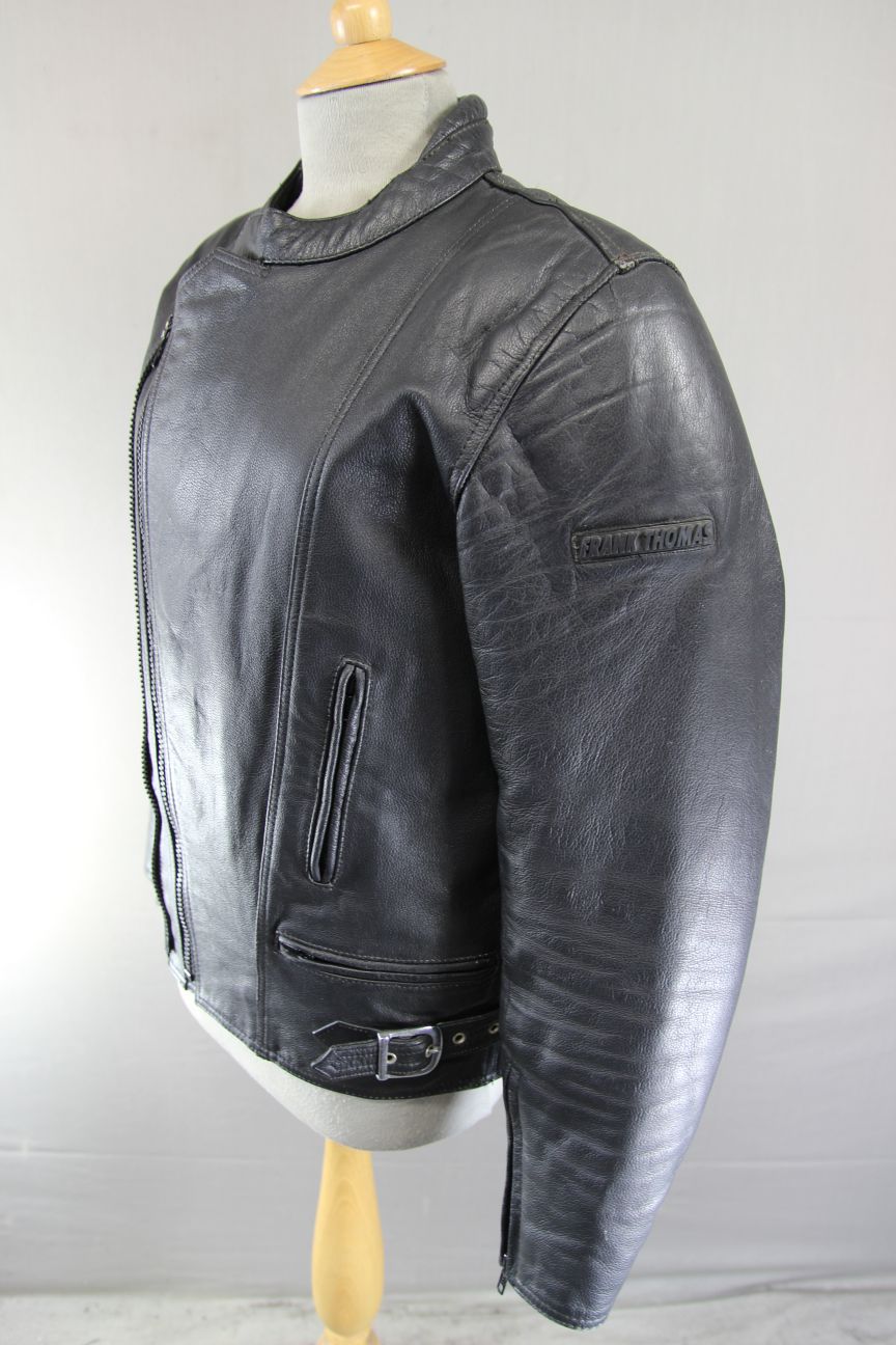CLASSIC FRANK THOMAS BLACK LEATHER BIKER JACKET WITH BACK PROTECTOR 40 INCH