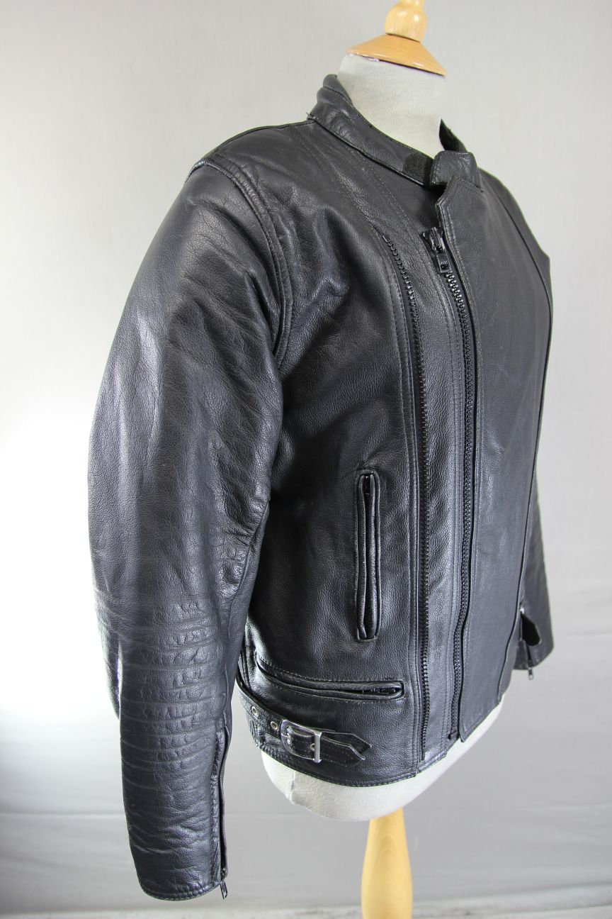CLASSIC FRANK THOMAS BLACK LEATHER BIKER JACKET WITH BACK PROTECTOR 40 INCH