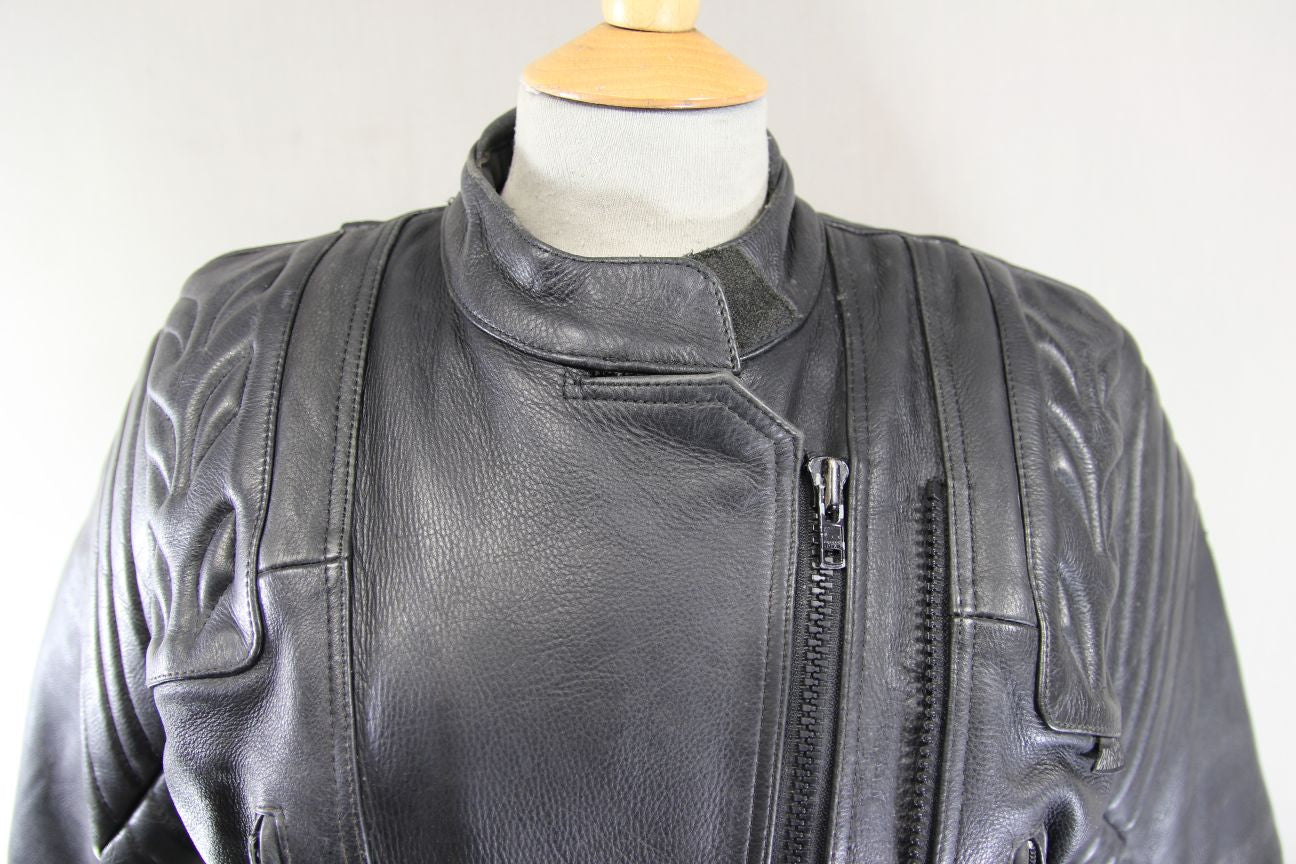 DANNISPORT CLASSIC BLACK COWHIDE LEATHER BIKER JACKET: SIZE 12 34-36 INCH CHEST